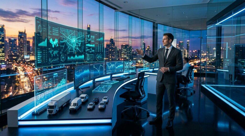 Homme d'affaires analysant données logistiques sur écrans numériques