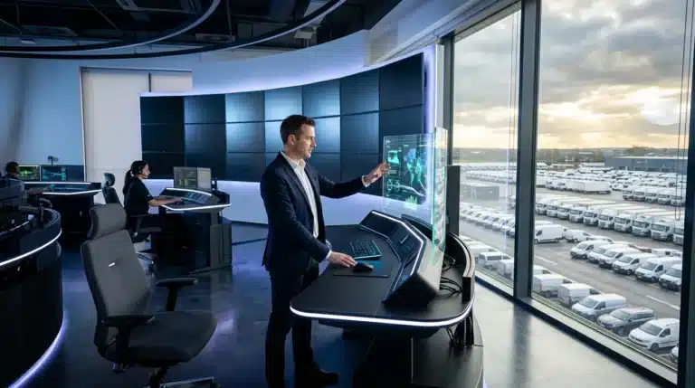 Homme d'affaires analysant données dans centre logistique haute technologie