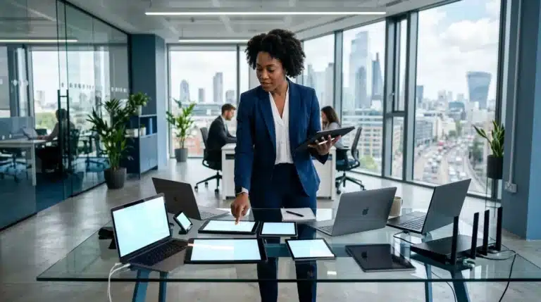Femme d'affaires en costume bleu gérant plusieurs appareils électroniques